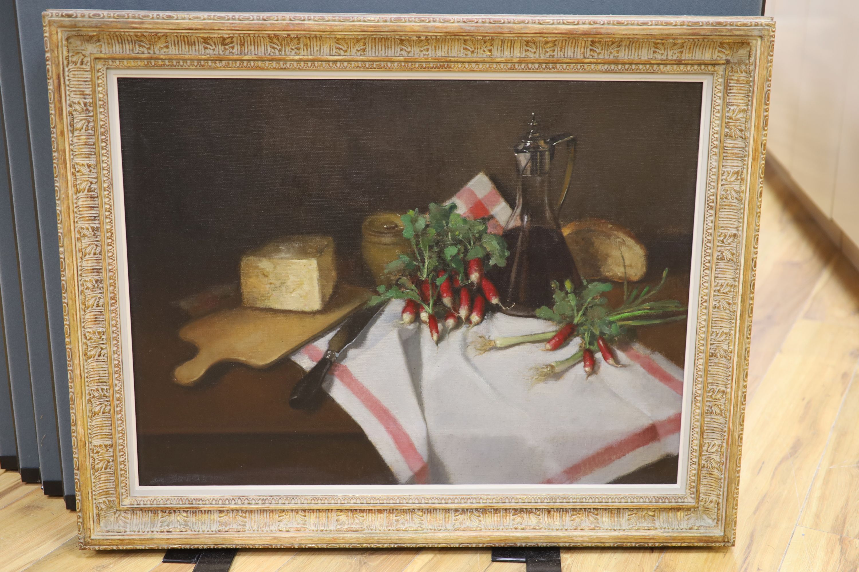 English School, oil on canvas, Still life with radishes on a table top, indistinctly signed, 59 x 79cm